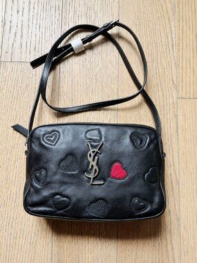 Saint Laurent YSL Black Leather Heart Camera Crossbody with Silver Logo